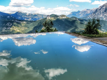 Scenic view of lake and mountains against sky