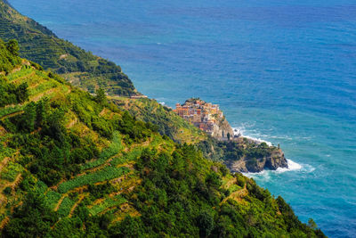 High angle view of sea and mountains