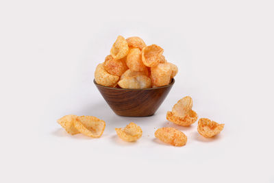 Close-up of cookies against white background