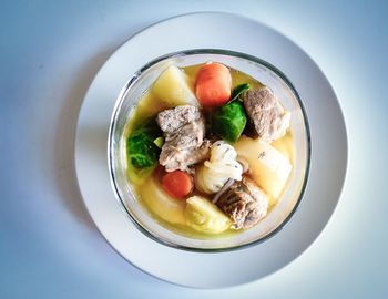 High angle view of salad in bowl on table