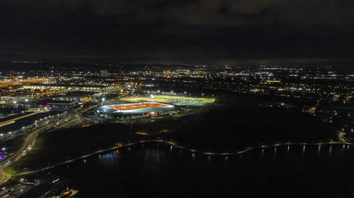 An aerial view at night of the doncaster rovers stadium in doncaster, south yorkshire, uk