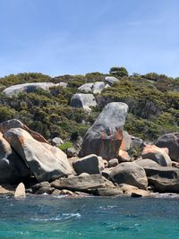 Rocks on sea shore against sky