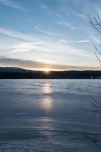 Scenic view of lake against sky at sunset