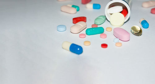 High angle view of pills on table