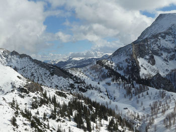 Scenic view of snow covered mountains against sky