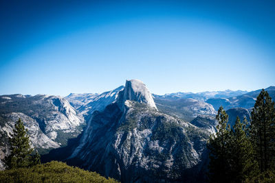 Scenic view of mountains against clear blue sky