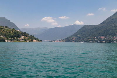 Scenic view of sea and mountains against sky