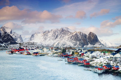 Scenic view of snowcapped mountains against sky during winter