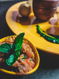 Close-up of noodles in bowl on table