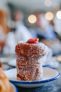 Close-up of dessert in plate on table