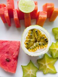 High angle view of fruits in plate