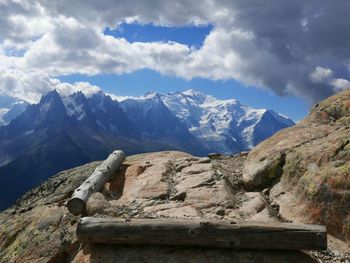 Scenic view of mountains against cloudy sky