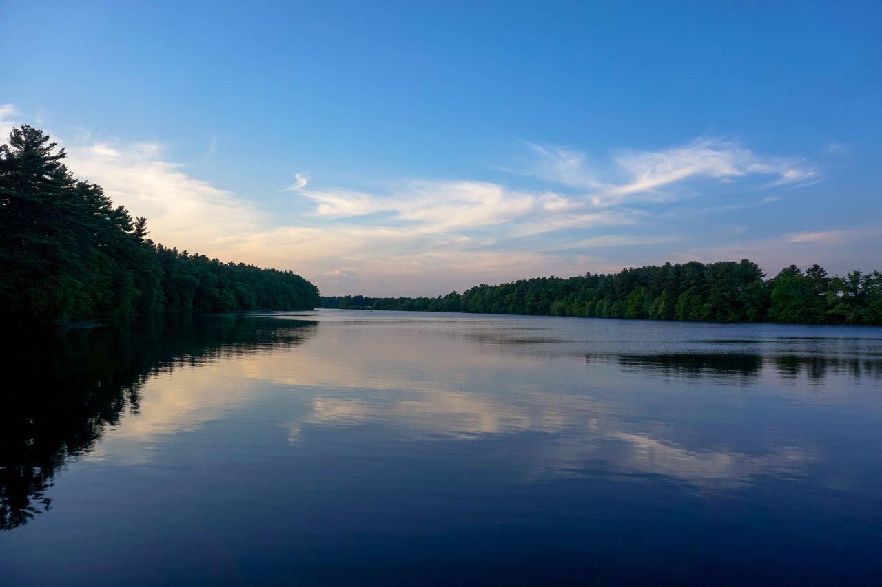 reflection, water, sky, tree, tranquil scene, beauty in nature, waterfront, no people, cloud - sky, nature, tranquility, outdoors, scenics, lake, blue, day