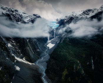 Scenic view of waterfall against sky