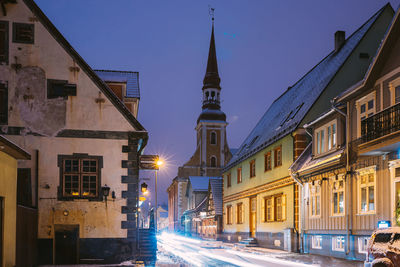 Parnu, estonia night view of kuninga street with old houses, restaurants, cafe, 