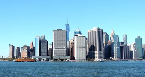 City skyline against blue sky