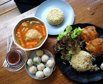 High angle view of food served on table