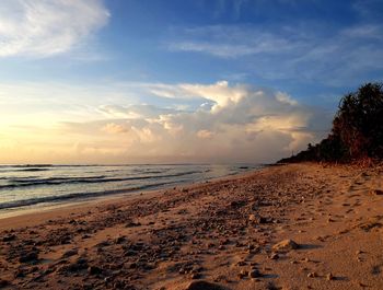 Scenic view of beach against sky during sunset