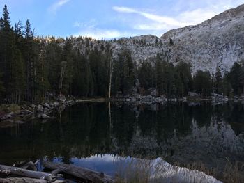 Scenic view of lake by trees against sky