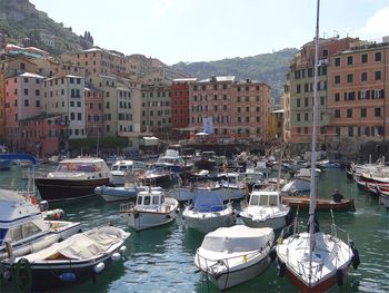 Sailboats on river by buildings