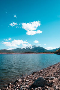 Scenic view of lake against blue sky