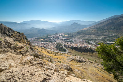 Scenic view of mountains against clear sky