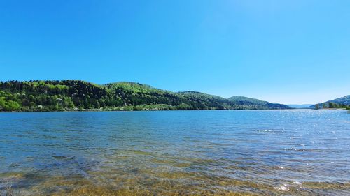 Scenic view of sea against clear blue sky