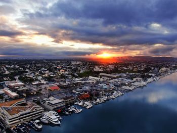 High angle view of townscape against sky during sunset