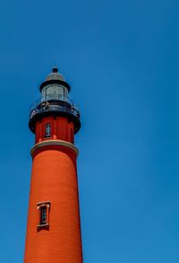 Low angle view of lighthouse against clear blue sky