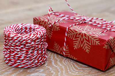 Close-up of christmas gift on table