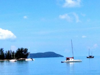 Sailboats in sea against sky