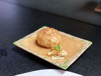 High angle view of meat in plate on table