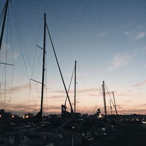 Cranes against sky at sunset