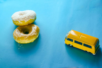 High angle view of yellow food on table