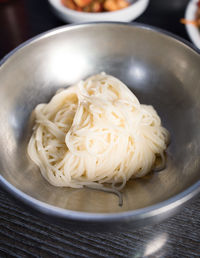 High angle view of noodles in bowl on table