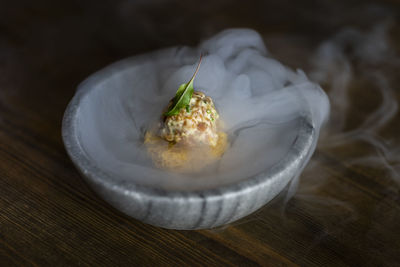 High angle view of food in bowl on table