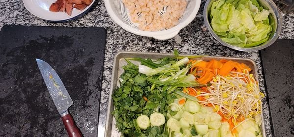 High angle view of chopped vegetables in bowl