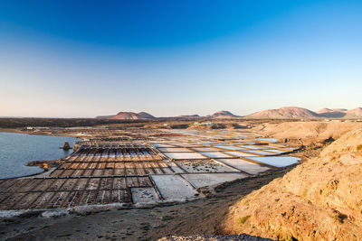 Panoramic view of land against clear blue sky