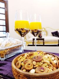 Close-up of food and drink on table