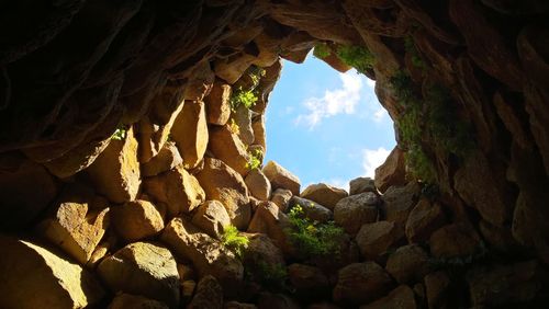 Low angle view of rock formation against sky