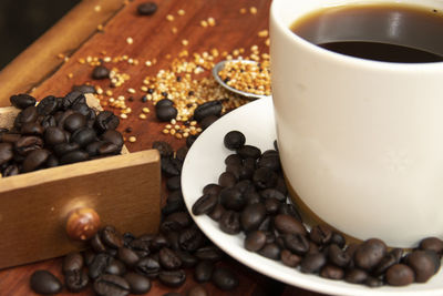 Close-up of coffee beans on table