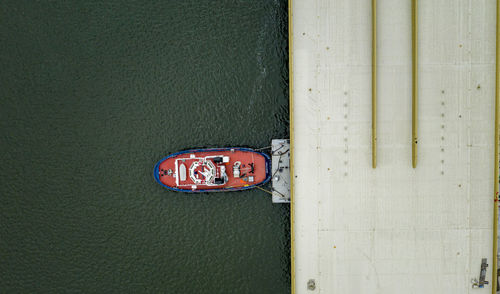 High angle view of boat against bridge