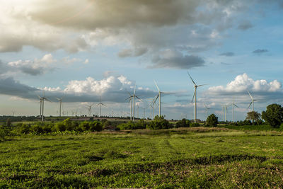 Wind turbines on field against sky