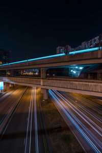 Light trails on bridge in city at night