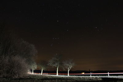 Trees on landscape against sky at night