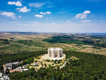 High angle view of buildings against sky