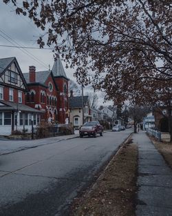 Road amidst trees and buildings in city