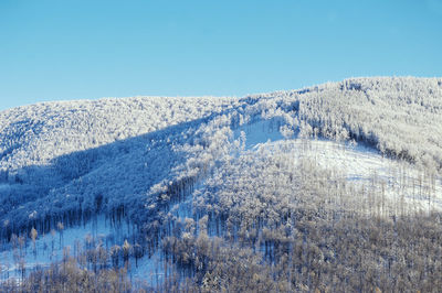 Scenic view of snowcapped mountains against clear blue sky