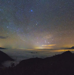 Scenic view of silhouette mountain against sky at night