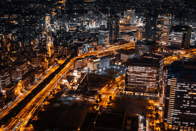 High angle view of illuminated city at night